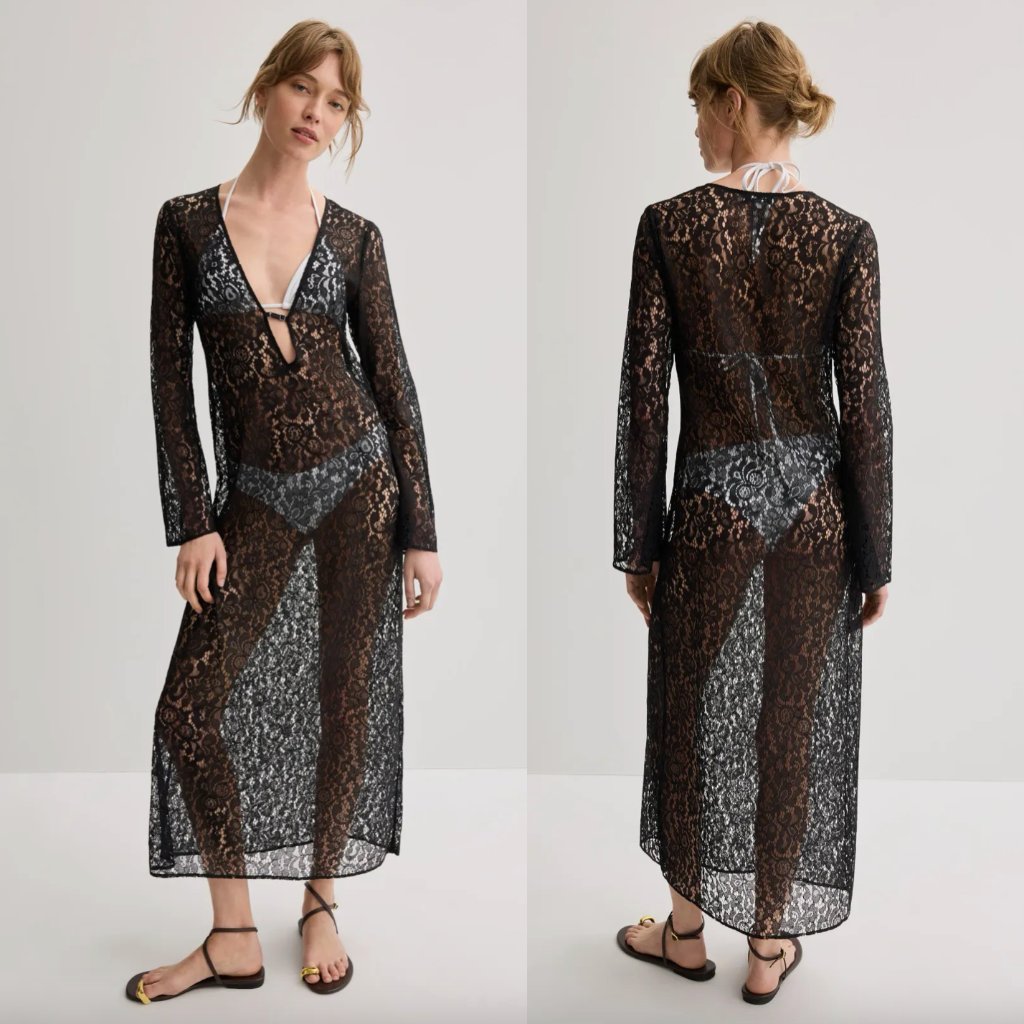 Ronny Kobo X Rtr Plunge Lace Midi Cover Up In Sheer Black Long Sleeve Swim Dress